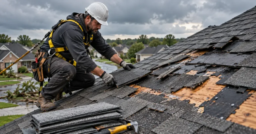 Roofing contractor repairing storm-damaged shingles